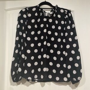Loft Women's Black Polka Dot Long Sleeve Blouse Size Petite Large